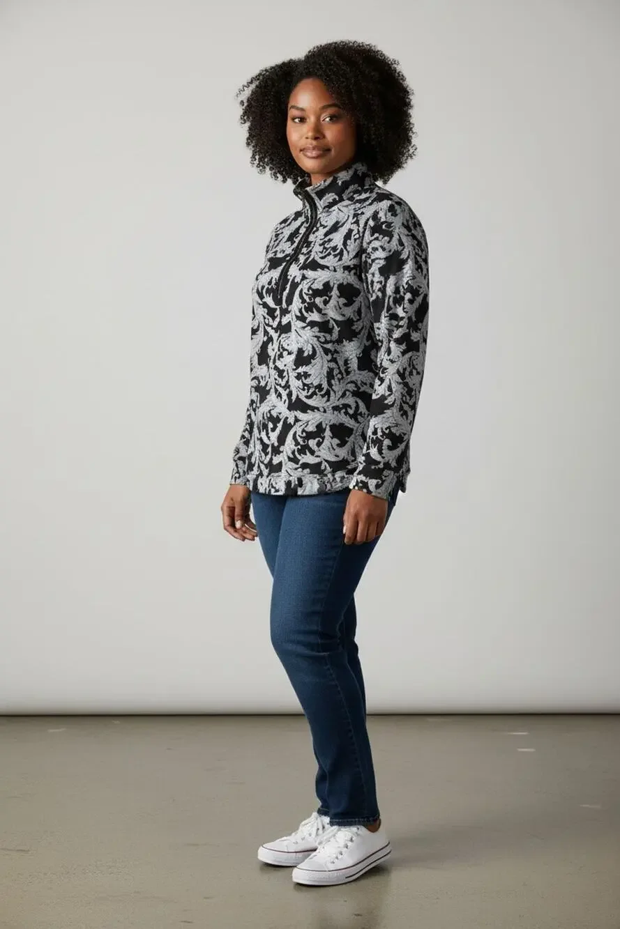 A3 NWOT SOFT SURROUNDINGS Winona Black & Gray Leaf Half Zip Pullover Top Size L